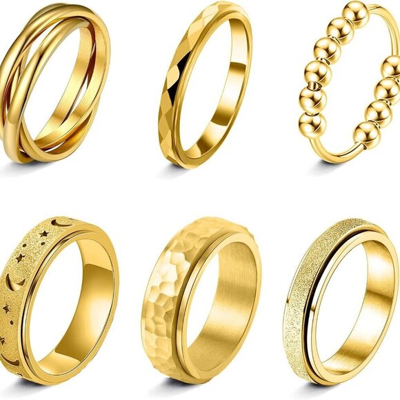 Jewelry - Fidget Rings Stainless Steel 6pcs Unisex Anxiety Spinner Bands Jewelry